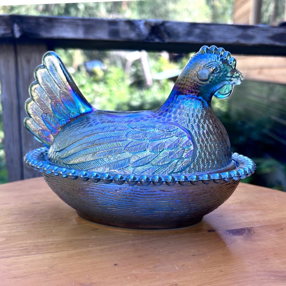 Hen on Nest Blue Carnival Glass Candy Dish 7 Inch Beaded Rim Indiana Glass